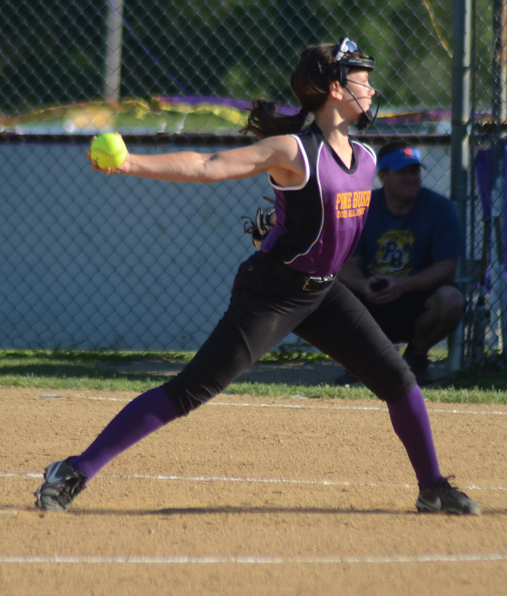 Avery Ogden pitches for Pine Bush during Wednesday’s District 18 major softball championship game at Pine Bush Little League field. Additional photo on page 27.